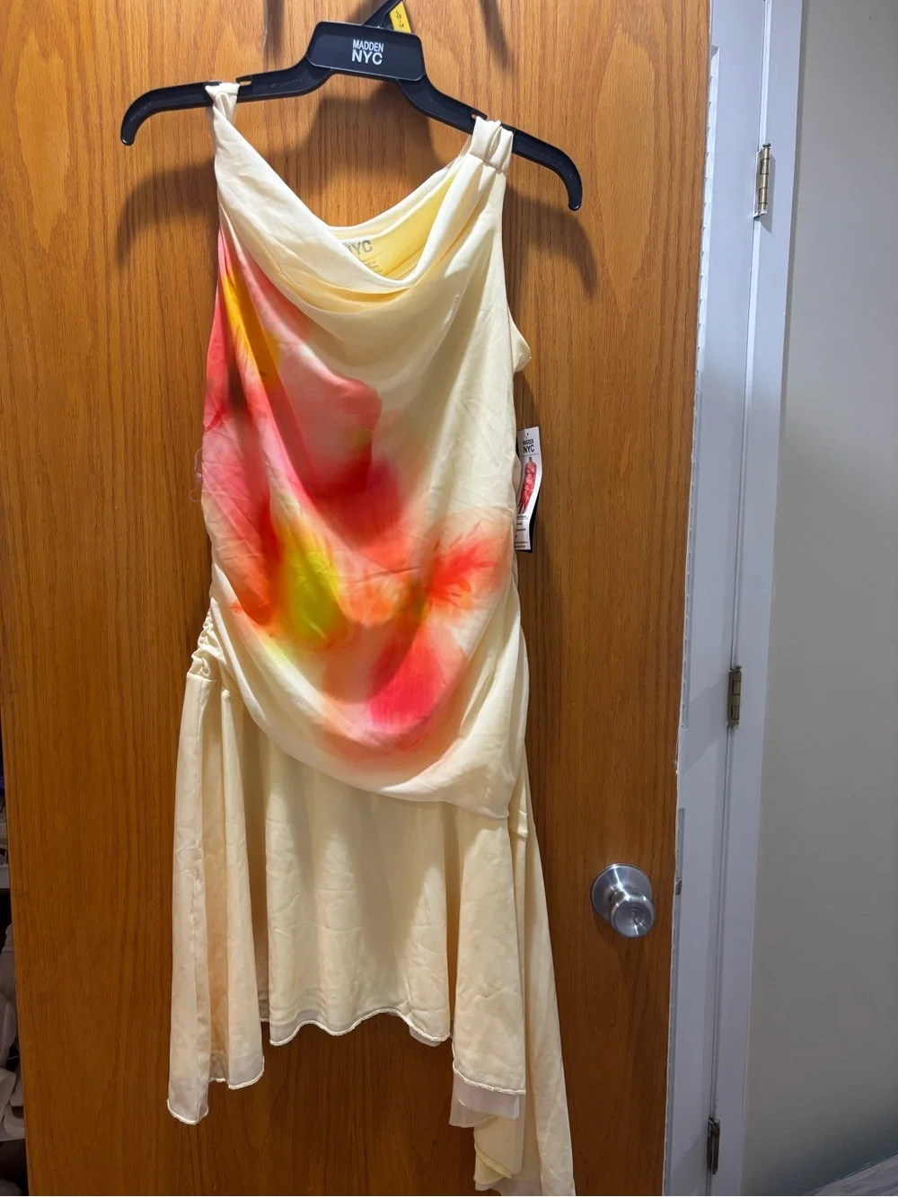 Asymmetrical Cream Dress with Pink & Orange Tie-Dye Accents
